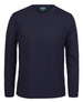 A long-sleeve navy blue T-shirt with a round neckline and a branding label on the inside.