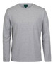 A long-sleeve grey t-shirt featuring a round neck and a tag on the inside collar.