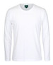 A white long-sleeved T-shirt with a crew neckline and a tag visible inside the collar.