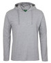 A grey long-sleeve hooded tee featuring a logo, designed as a casual jumper.
