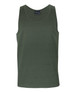 An olive green singlet featuring a simple design and a label. It has a round neckline and no sleeves.