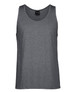 A grey singlet with a round neckline and a branding label at the neck.