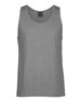 A grey singlet with a round neckline and a logo, made from a lightweight fabric.