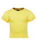 A yellow infant T-shirt with short sleeves and a round neckline, featuring a logo label inside.