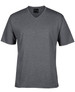 A grey V-neck t-shirt with short sleeves and a logo on the label.