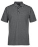 A grey polo shirt featuring a collared neckline and three buttons, with a logo on the label.