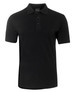 A black polo shirt with a collar and three-button placket, featuring branding.
