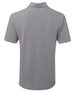 A grey polo shirt with a classic collar and short sleeves, featuring a branding logo.