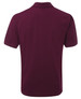 A maroon polo shirt featuring a plain back design and a collar, with a logo on the front.