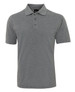 A grey polo shirt with a collar and three buttons, featuring a logo on the chest.