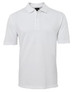 A plain white polo shirt featuring a collar and three buttons, branded with a logo.