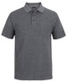 A grey polo shirt featuring a collar, three buttons, and a chest pocket, with a logo on the front.