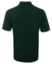 A dark green polo shirt with a collar and short sleeves, featuring a branding logo.