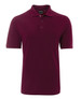 A burgundy polo shirt with a collar, a pocket, and a logo on the chest. 