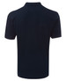 A navy polo shirt featuring a collar and short sleeves, with a logo displayed on the back.