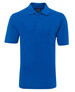 A blue polo shirt featuring a collar, short sleeves, and a pocket on the front, with a logo.