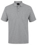 A light grey polo shirt with a collar, three buttons, and a front pocket, featuring a logo on the label.