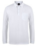 A white long-sleeve polo shirt featuring a pocket and a logo on the collar.