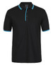 A black polo shirt featuring contrasting turquoise collar and sleeve detailing, with a logo.