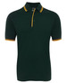 A dark green polo shirt with yellow contrasting collar and sleeve trims, featuring a button-up design and a logo.
