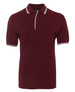 A burgundy polo shirt featuring a classic collar and contrasting stripe details, with a logo on the chest.