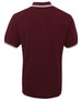 A burgundy polo shirt with contrasting white details and short sleeves. It has a logo on the chest.