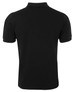 A black fitted polo shirt, featuring a classic collar and short sleeves, with a branding logo.