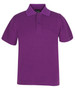 A purple polo shirt with a collar and three buttons, featuring a brand logo. Suitable for kids.