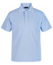 A light blue short-sleeve polo shirt with a collar and a button placket, featuring a logo on the chest.