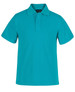 A turquoise polo shirt with a collared neckline and short sleeves. It features a button placket and a logo.