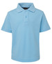 A light blue polo shirt with a collar and three buttons, featuring a logo on the label.