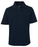 A navy blue short-sleeved polo shirt with a collared neck and three buttons at the front. It features a logo.