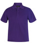 A purple polo shirt with a collar and button placket, featuring a logo on the chest.