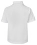 A white children's polo shirt with a collar and short sleeves, featuring a logo on the back.