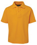 A bright yellow polo shirt with short sleeves and a classic collar, featuring a logo on the chest.