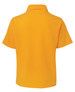 A short-sleeved polo shirt in bright yellow with a collar and a logo.