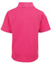 A pink polo shirt with short sleeves, featuring a collar and a logo on the back.