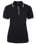 A black ladies' polo shirt with contrasting white trim on the collar and sleeves. It features a logo on the chest.