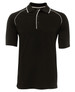 A black raglan polo shirt featuring short sleeves and a contrasting trim. It has a logo on the collar.