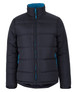 A black puffer jacket with contrasting blue zip and interior, featuring a high collar and side pockets.