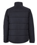 A black puffer jacket with a quilted design and a high collar, featuring a branding logo.
