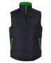 A black puffer vest with green accents and zippered pockets, featuring a high collar and a front zip closure.