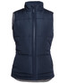 A navy blue puffer vest with a high collar and zip front, featuring two front pockets and a logo.
