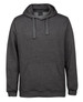 A grey hoodie with a front pocket and drawstring hood. It features a logo on the chest area.