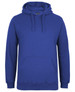 A blue hoodie with a front pouch pocket and a drawstring hood. It features a logo on the label.