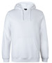 A white hoodie featuring a front pocket and a drawstring hood. The garment has a logo on it.