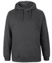 A dark grey hoodie featuring a front pocket and adjustable drawstring hood, with a small logo.