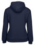 A navy blue hoodie with a back view, featuring a drawstring hood and a snug fit. It has a logo.