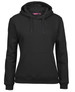 A black hoodie featuring a front pocket and a drawstring hood. It includes branding on the label.