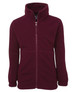 A maroon polar fleece jacket with a full zip, high collar, and front pockets, featuring a logo on the label.
